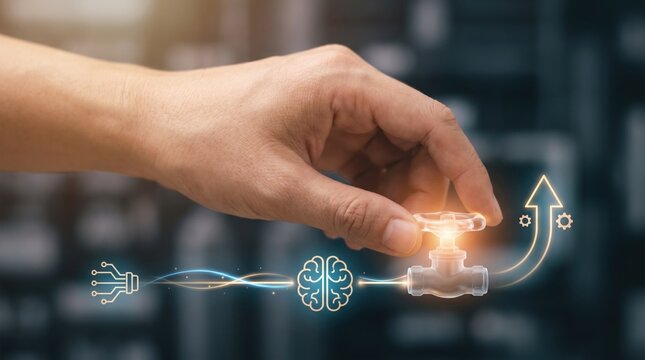 Full-Stack AI Control - Soft focus hand gently turns a valve, guiding data flow from model to business outcome on a clean, minimal interface.