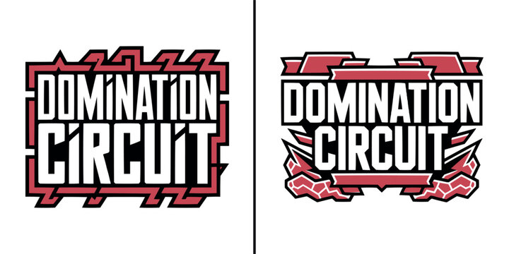 Bold red and white graphic design logos for domination circuit