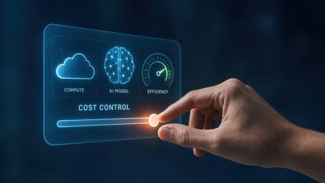 Full-Stack AI Control - Hand adjusting an AI cost slider on a minimal interface to balance compute, efficiency, and model performance for optimal cost control.