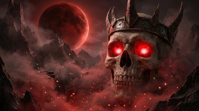 Demonic Skull Crown Red Eyes Hell Fire Dark Fantasy Horror Apocalyptic Scene