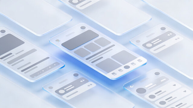 Abstract arrangement of mobile app interface wireframes on a bright background