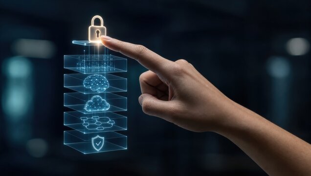 Full-Stack AI Control - A hand activates a governance lock above AI stack layers, symbolizing human control over data, models, compute, agents, and security in a clean interface.