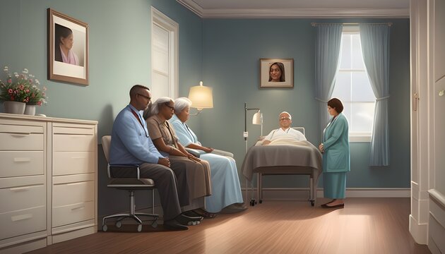 Photorealistic hospital chaplain sitting with grieving family in private room, spiritual care, representing modern healthcare, medical facility, and patient services