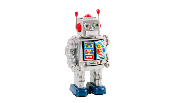 Vintage tin robot toy with red antenna and blue feet