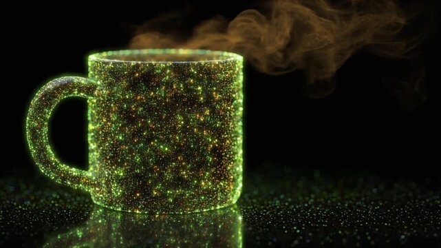 A glowing mug, composed of green and gold particles, with wisps of steam on a black background