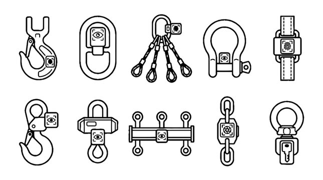 Industrial Lifting Equipment and Rigging Hardware Line Art Icons Set.