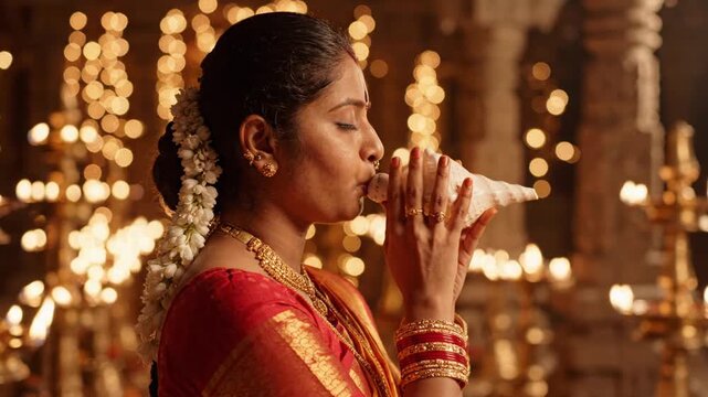 Indian woman blowing a conch shell in a golden temple with bokeh lights, cinematic profile view.