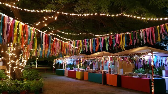 Vibrantly decorated market stalls featuring twinkling lights and flowing ribbons create a festive and colorful atmosphere