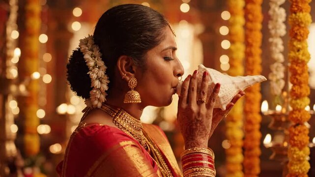 Indian woman blowing a conch shell in a golden bokeh temple setting with festive marigold decorations.