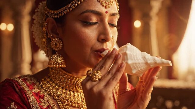 Indian woman blowing white conch shell wearing gold jewelry in a warm cinematic temple interior.