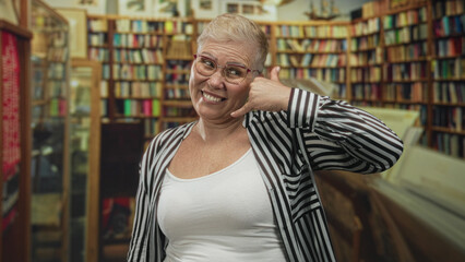 Obraz premium Woman smiling and makes phone gesture with hand to ear in a library building; playful friendly warmth.