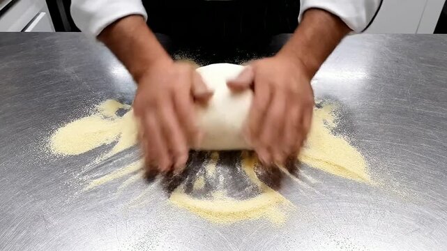 Chef Hands Stretching and Folding Bouncy Pizza Dough on Stainless Steel Countertop for Culinary Arts