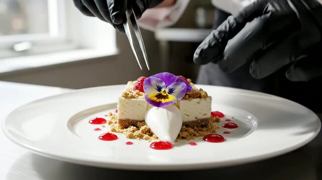 Chef's Perspective Placing Edible Pansy Flower onto Deconstructed Dessert with Raspberry Sauce and Cream
