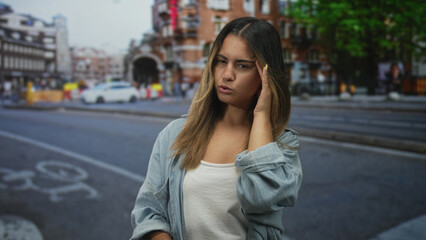 Fototapeta premium Woman with hand to temple and eyes closed standing on a city street in front of brick building and parked car; discomfort headache.