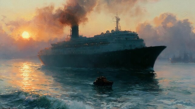 Majestic Ocean Liner at Golden Sunset