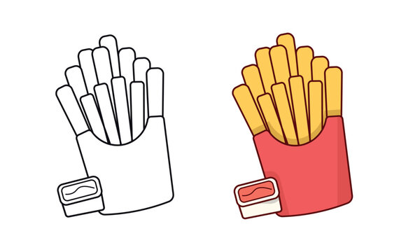 A simple cartoon-style illustration of a pocket container of crispy french fries served with a small side dipping cup, featuring an uncolored line art version next to a colored version with bright yel