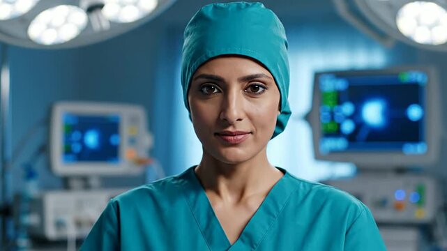 Cinematic Portrait Of A Female Surgeon In A Sterile Operating Room With Advanced Medical Equipment