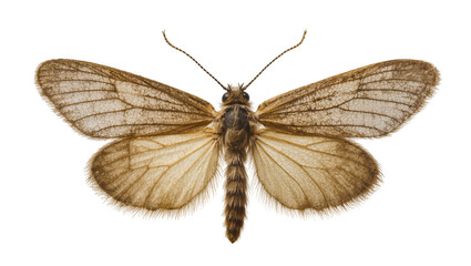 Isolated detailed view of a brown furry moth with delicate translucent wings spread, insect specimen © Saoirse