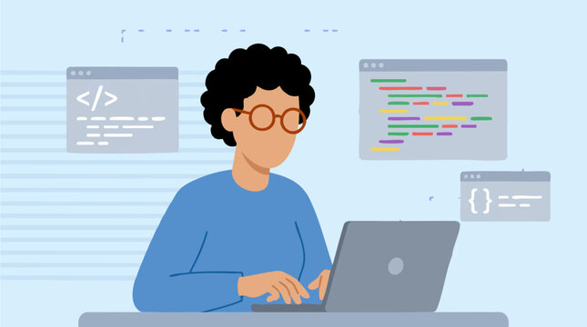 Person coding on laptop surrounded by programming language windows illustration