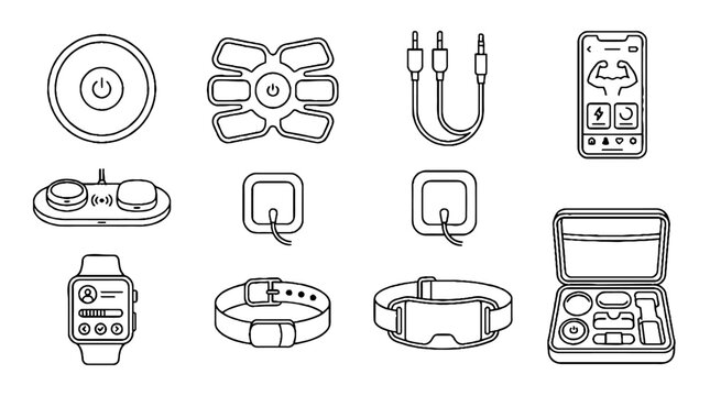 Electronic Muscle Stimulator EMS Training Equipment and Fitness Gadgets Line Art Icons Set.