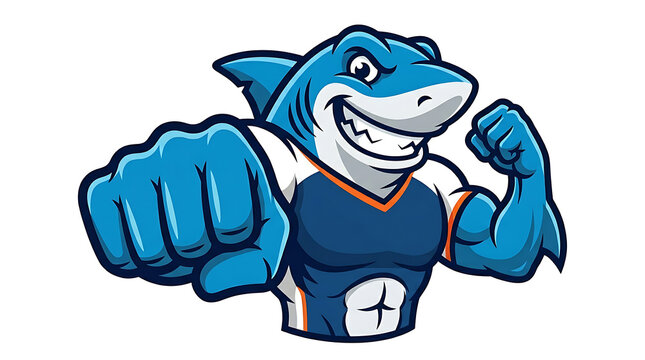 A powerful and muscular cartoon shark mascot with a confident grin, flexing and clenching its fist, ready for action.