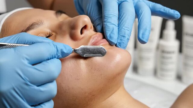 Close-Up Macro Shot Of A Woman's Face During Dermaplaning Treatment By A Professional With Blue Gloves