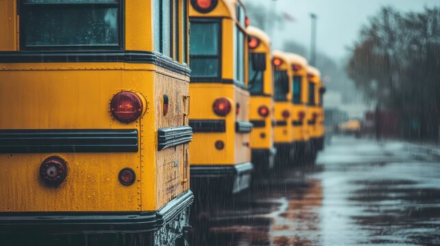 A row of yellow school buses parked in a lot, viewed from the back, on a rainy day.