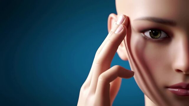 Close-Up Macro Shot of Humanoid Figure Gently Pressing Its Temple with Fingertips Against Smooth Blue Background in Rhythmic Movement for Wellness and Mindfulness