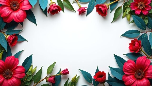 symmetrical flat lay of vibrant jewel tone exotic flowers framing a clean light space for premium advertising copy backdrop