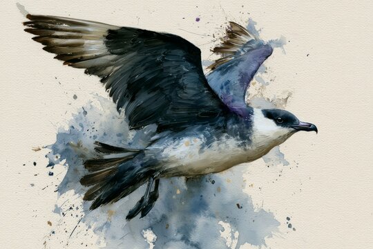 Dynamic Watercolor Seabird Painting in Flight
