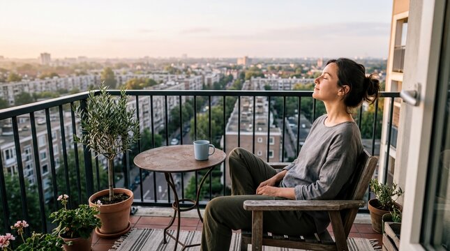 mindfulness in daily life, a person enjoys a serene moment on a balcony, sipping coffee in the sun
