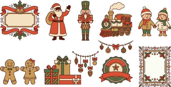 Christmas elements including Santa Claus nutcracker train children gingerbread gifts and ornaments with festive ribbon