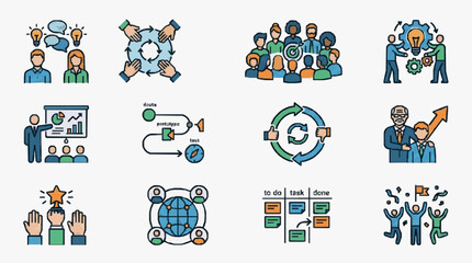 Fototapeta premium Sleek Illustrated Guide to Agile Project Management and Team Collaboration Concepts with Colorful Icons