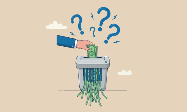 Money shred, causing losing money, mistake or financial failure spending concept, businessman hand feed banknote money into shredder to destroy losing all his wealth