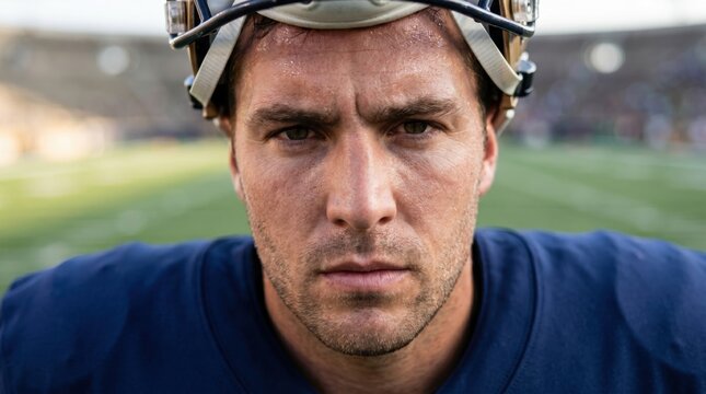 Hyper realistic close up portrait of a determined American football player in gear on a stadium field