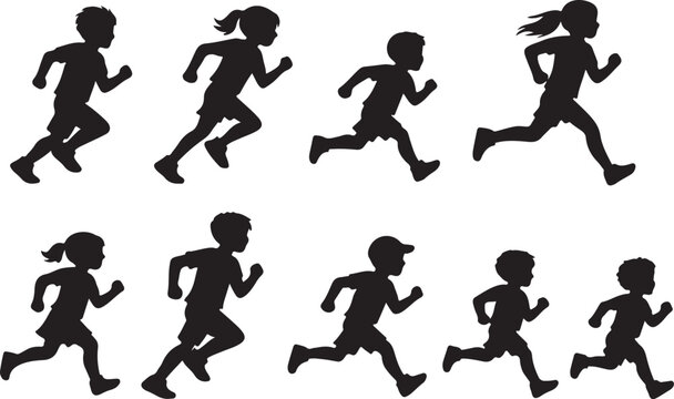A group of three children running a race, different heights running people silhouettes vector