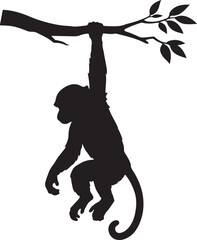 Black silhouette of a monkey hanging from a tree branch. vector illustration isolated on white background © Abdul