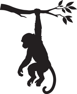 Black silhouette of a monkey hanging from a tree branch. vector illustration isolated on white background