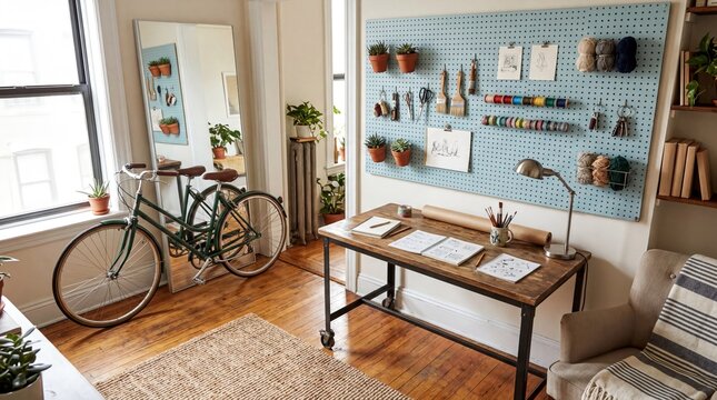 small space organization, cozy apartment corner featuring a pegboard wall and a mobile desk