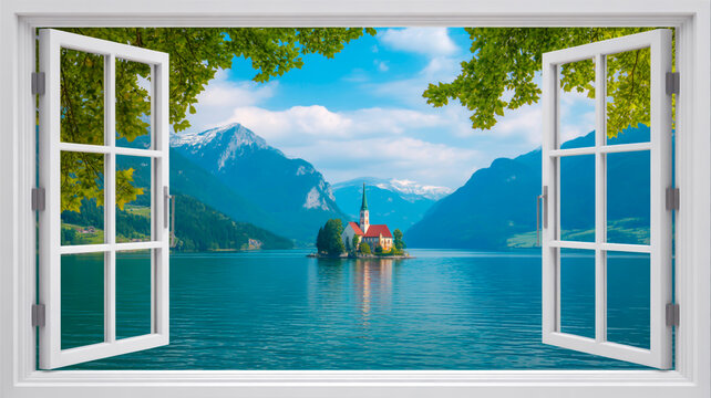 Serene lake view through open white window frame with mountains and trees