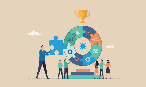 Complete jigsaw, meeting teams together accomplishment concept, businessman complete last missing jigsaw puzzle piece
