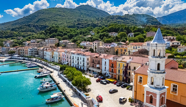 Aerial view of Scario, near San Giovanni a Piro in the province of Salerno, Campania, Italy.