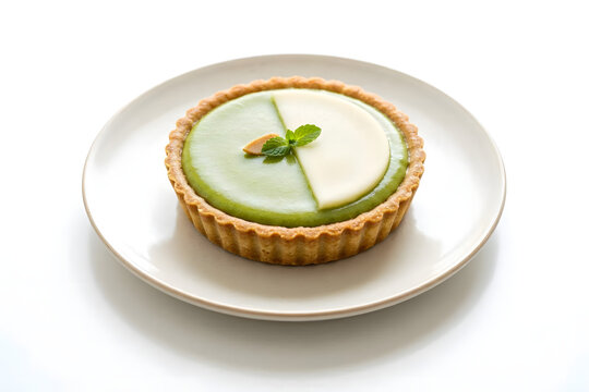 Matcha flavored neenish tart from New Zealand. Popular mini baked dessert in unique half colors on white plate on matching white background