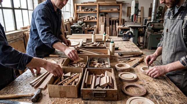 woodworking techniques, a workshop table cluttered with sorted offcuts, tools, and hands at work