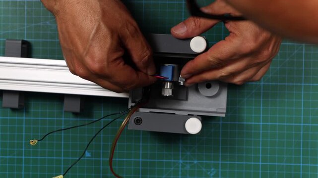 Assembly of 3D Printed Parts, Aluminum Profiles and Bolts for Camera Slider Construction, Precision Engineering, Mechanical Assembly, DIY Prototyping, Industrial Manufacturing and Technical Demonstrat