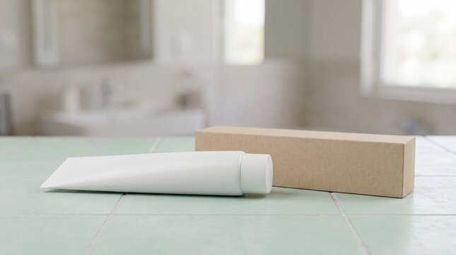 Blank white matte toothpaste tube and long carton box mockup on pale mint bathroom tiles.