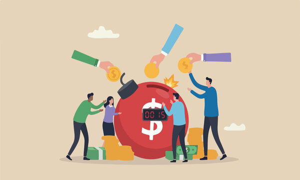 Pay off debt,meeting debtor, money decision, liability relief, deficit or borrowing due, indebted concept, businessman hand put dollar coin money into debt bomb