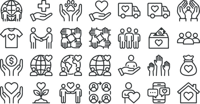 Charity, Volunteer, and Social Support Line Icons Set - Vector Illustrations for Non-Profit Organizations, Humanitarian Aid, and Community Development