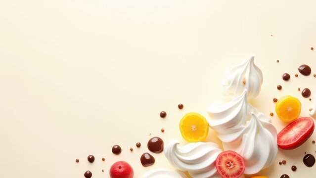 elegant dessert arrangement with whipped cream chocolate drizzle and fruit slices on white background for bakery advertising
