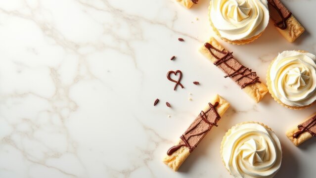 overhead flat lay of luxurious creamy desserts with chocolate ganache on pale marble for bakery promotion and advertising space